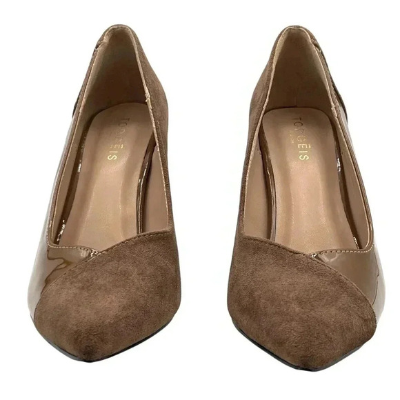 Torgeis NEW Womens 7.5 Block Heel Pumps Brown Suede & Patent Leather Minimalist - Picture 7 of 16